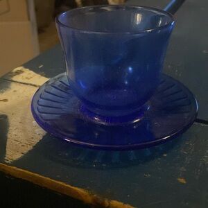 Vintage 30s Macbeth-Evans Petalware Blue Glass Condiment Cup with Attached Plate